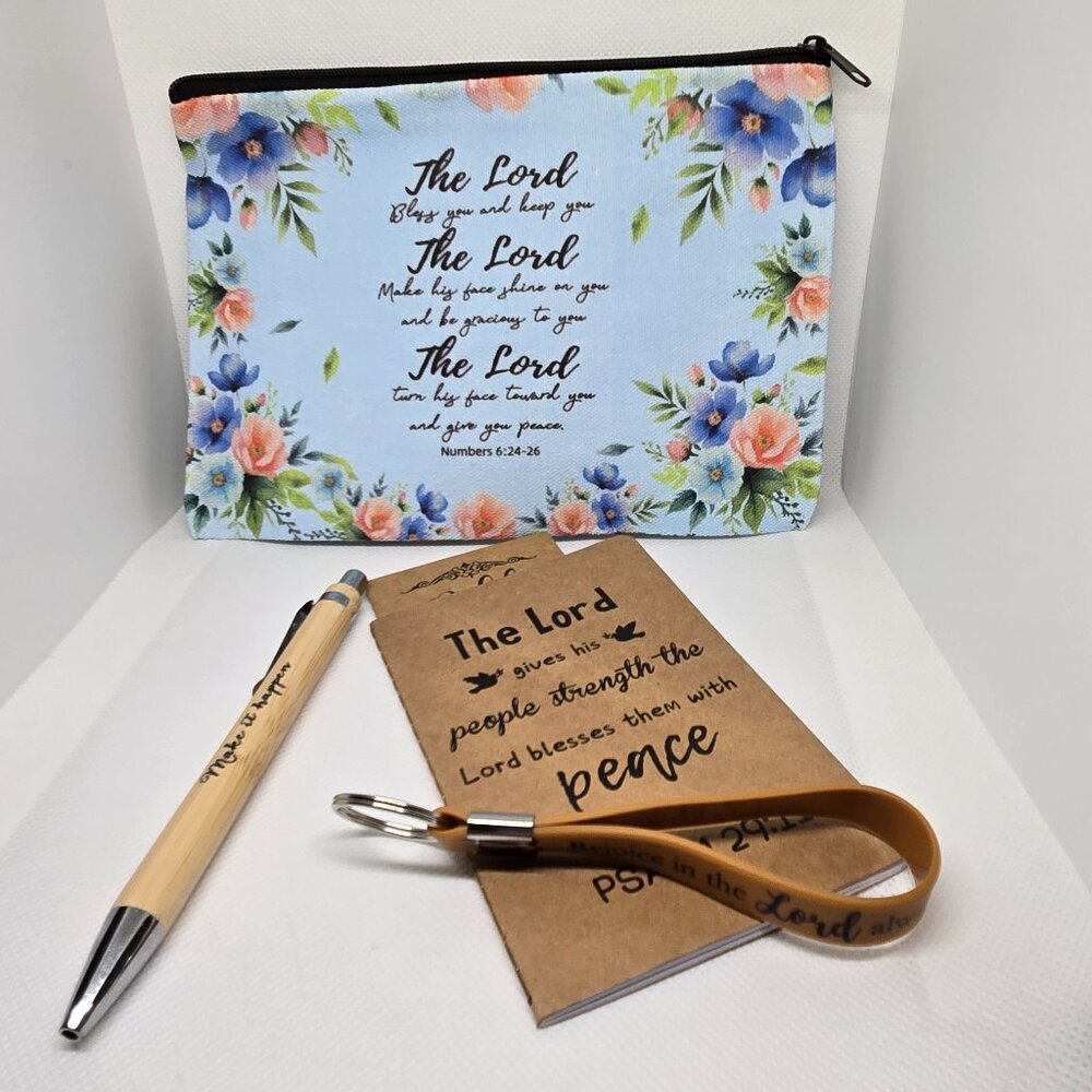 NEW INSPIRATIONAL FAITH CANVAS POUCH, NOTEPAD, PEN, BOOKMARK & KEYCHAIN GIFT SET